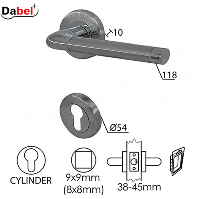 Slika Kvaka rozeta za vrata DABEL SOMBOR hrom/mat hrom fi54/10/118/8/9 mm cilindar 0101242