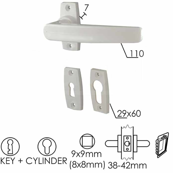 Slika Kvaka rozeta za vrata DABEL PVC-EKO bela 29x60/7/110/8/9 mm ključ + cilindar 0101977